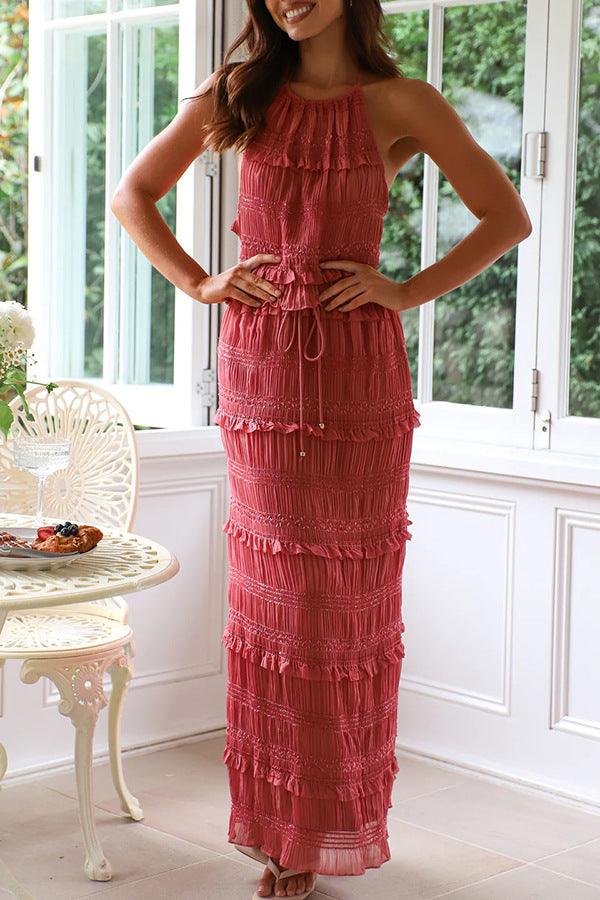CONJUNTO DE DOS PIEZAS SIN MANGAS DE CHIFFON CON CINTURA ELÁSTICA