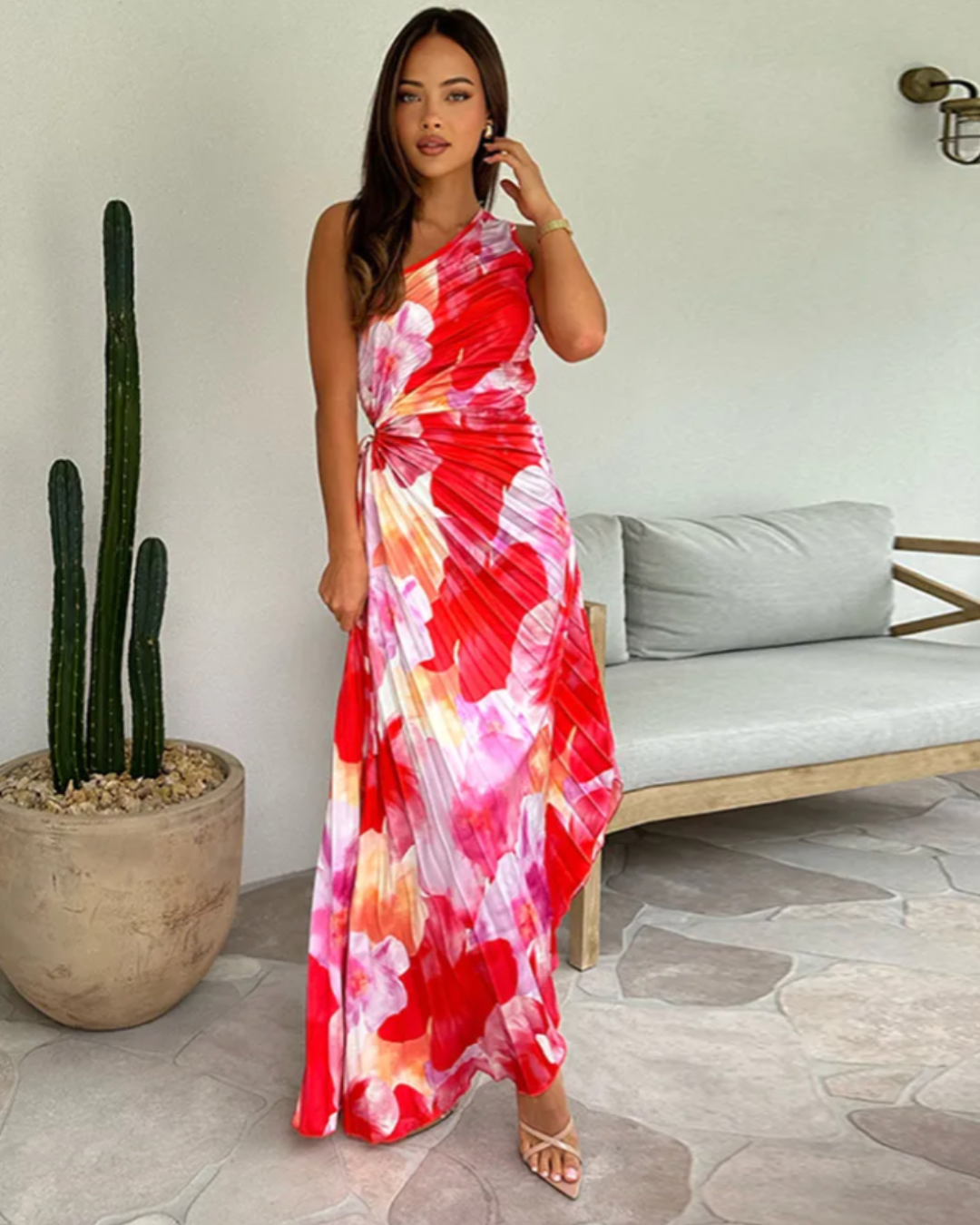 Calantha | Vestido Largo Estampado con Dobladillo Asimétrico