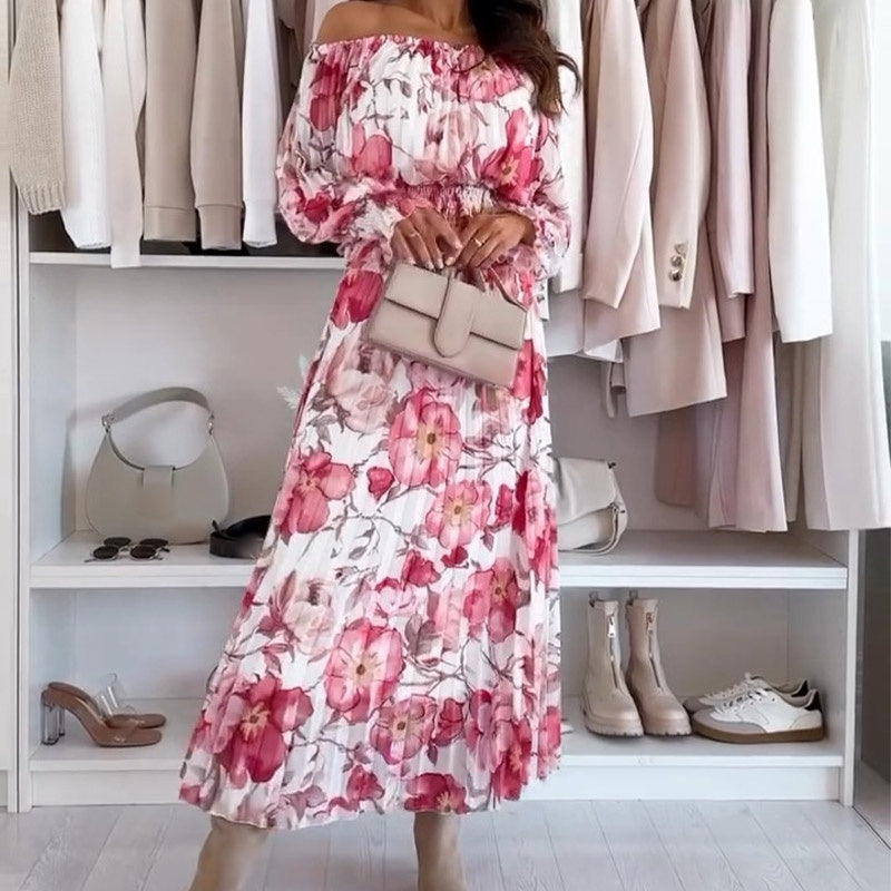 Conjunto de dos piezas con estampado floral y blusa descubierta con falda larga