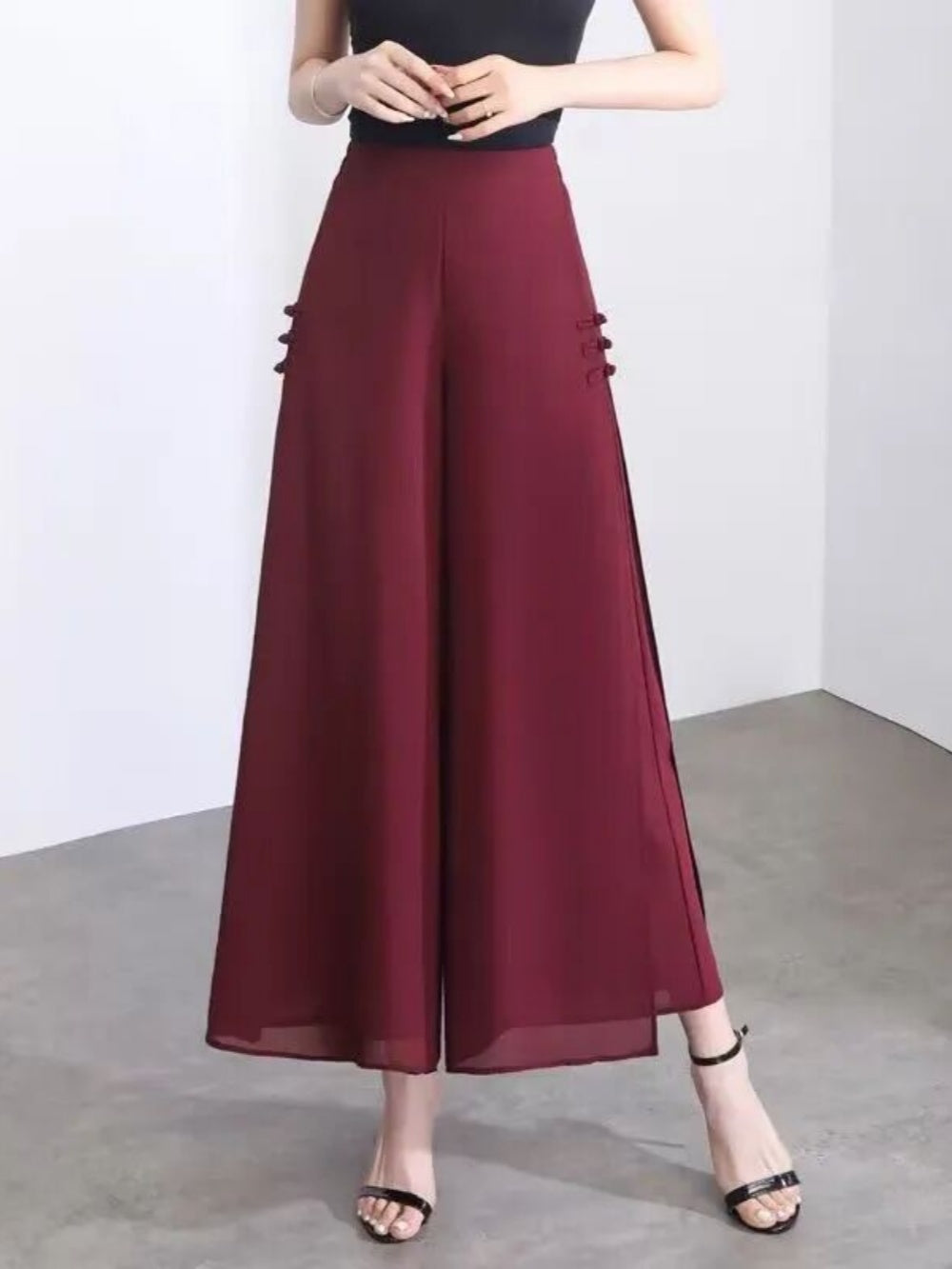 PANTALONES PALAZZO CROPPED DE GASA CON ABERTURA Y DRAPEADO
