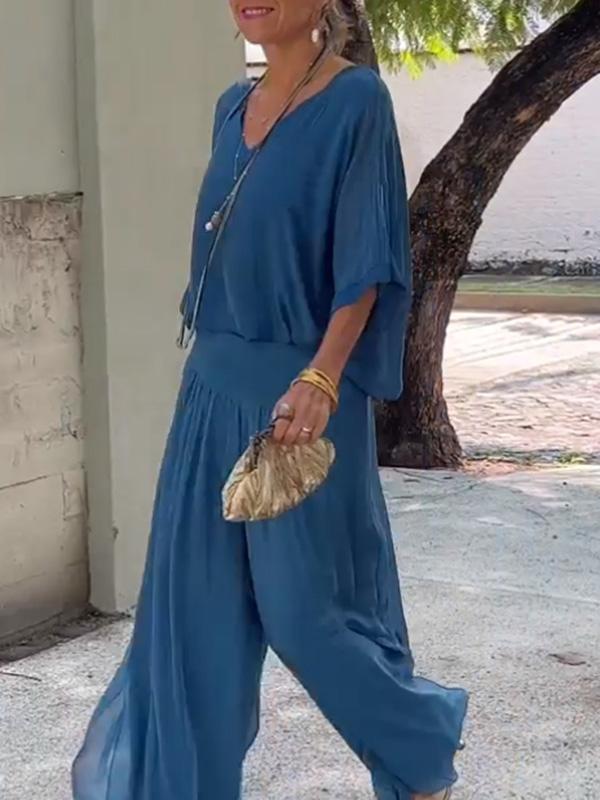 AURA ELEGANTE CONJUNTO DE DOS PIEZAS CON PANTALÓN ANCHO DE GASA