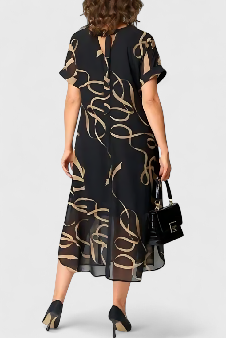 Jillian Vestido Caftán Negro con Estampado Abstracto en Oro y Escote en V