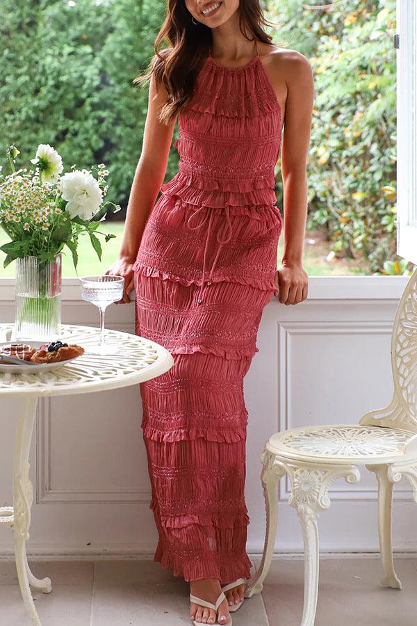 CONJUNTO DE DOS PIEZAS SIN MANGAS DE CHIFFON CON CINTURA ELÁSTICA