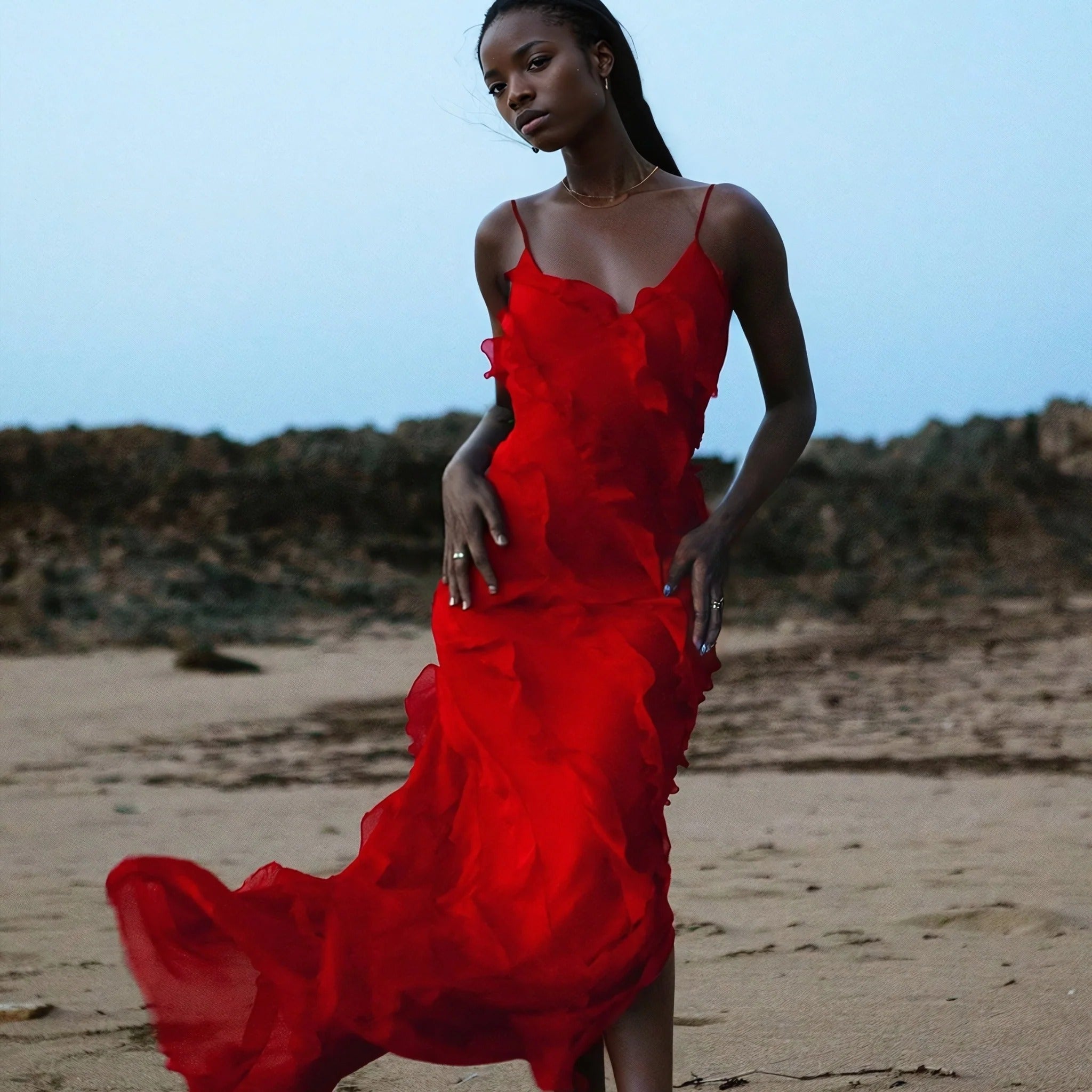 ISADORA  VESTIDO LARGO ELEGANTE CON VOLANTES