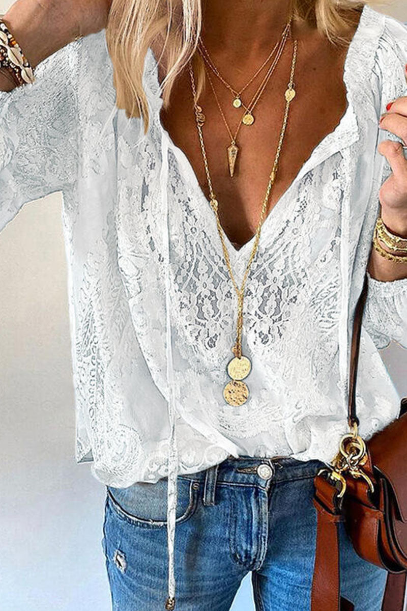 Camicetta da donna - Collo a V in pizzo - Maniche lunghe Leggerezza ariosa - Look elegante