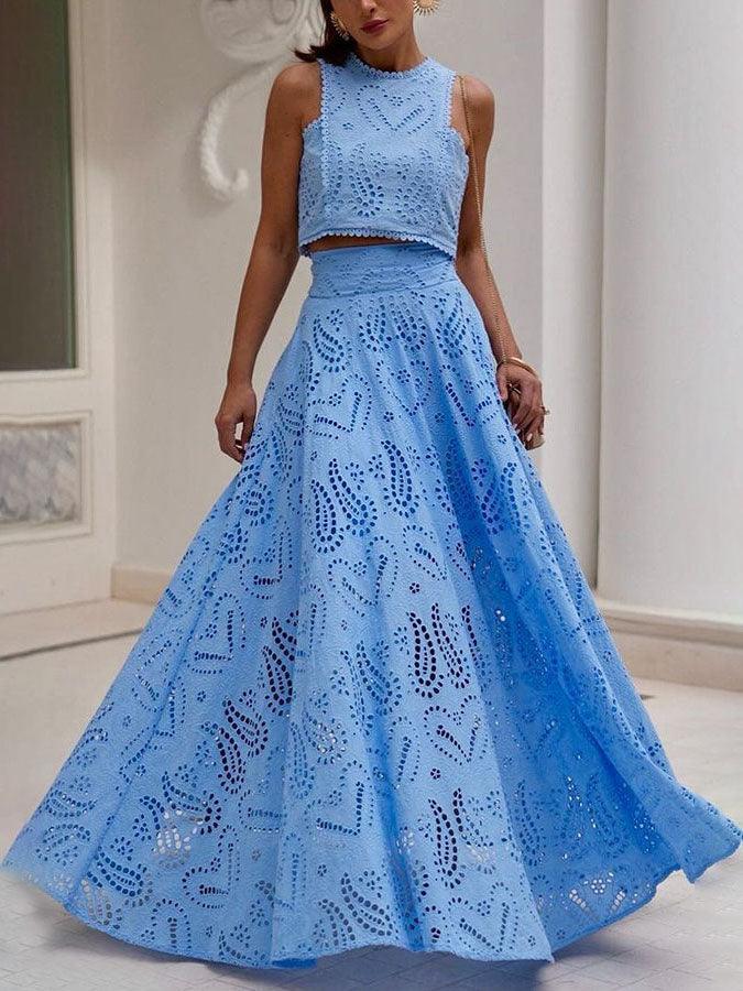 FALDA LARGA A-LINE CON ENCAJE HUECO Y BORDADO EXQUISITO