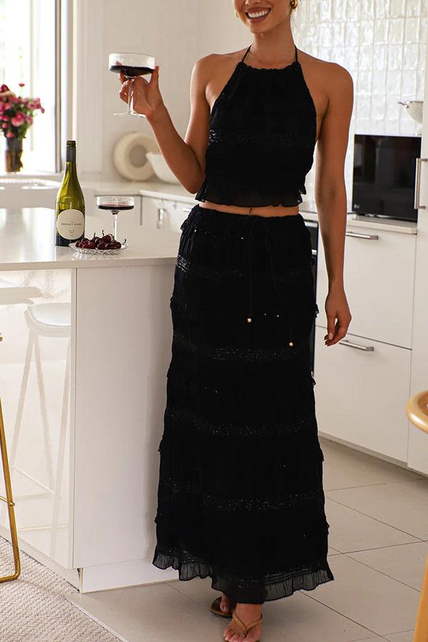 CONJUNTO DE DOS PIEZAS SIN MANGAS DE CHIFFON CON CINTURA ELÁSTICA