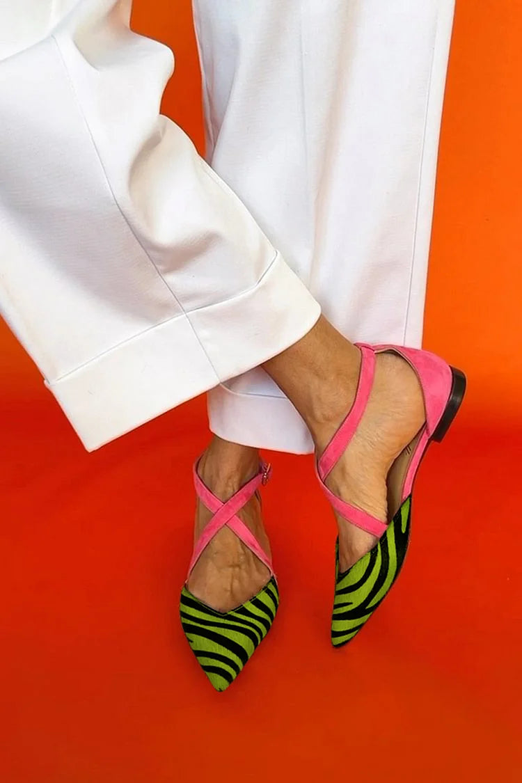 Lucrezia™ | Bailarinas planas elegantes con estampado cebra y tiras rosa glamour