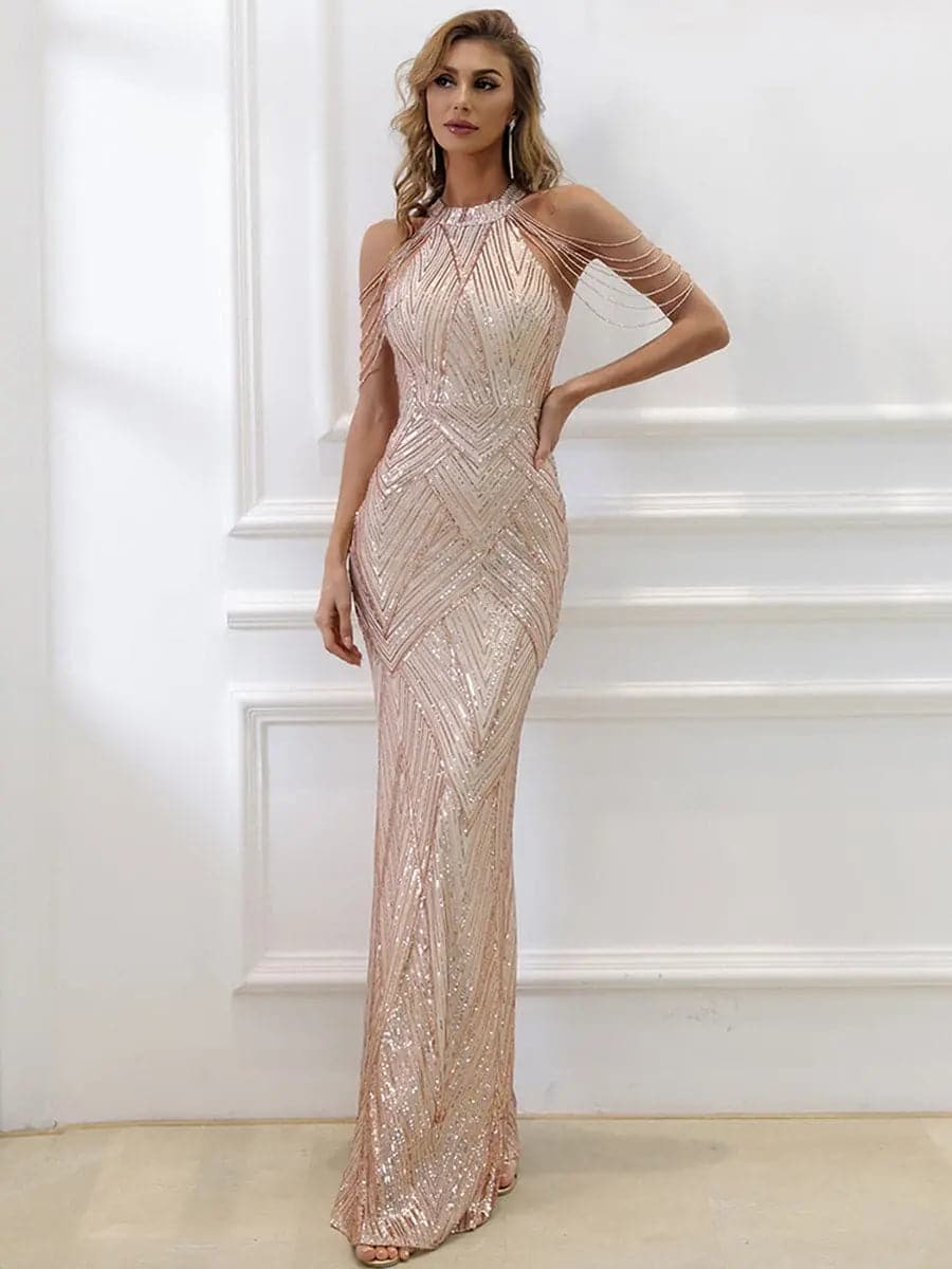Zafira | Vestido Largo Brillante Con Cuentas Decorativas