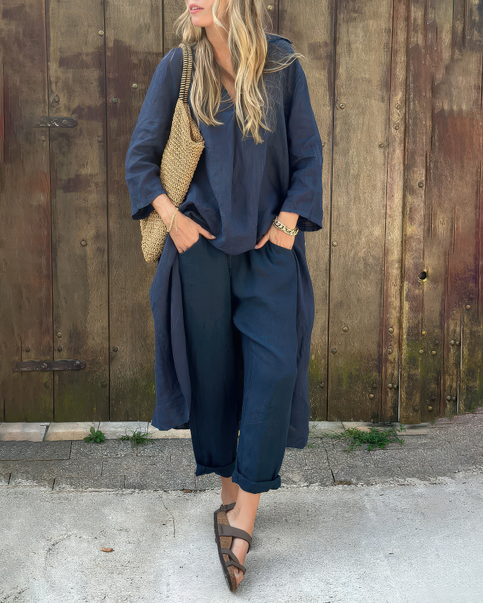 CONJUNTO VERANIEGO ELEGANTE PARA MUJER CON CAMISA LARGA Y PANTALÓN