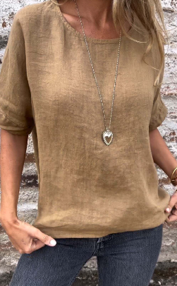 Glori - Camicia casual da donna in cotone e lino in tinta unita