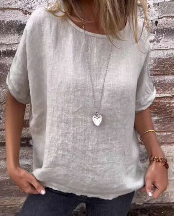 Glori - Camicia casual da donna in cotone e lino in tinta unita