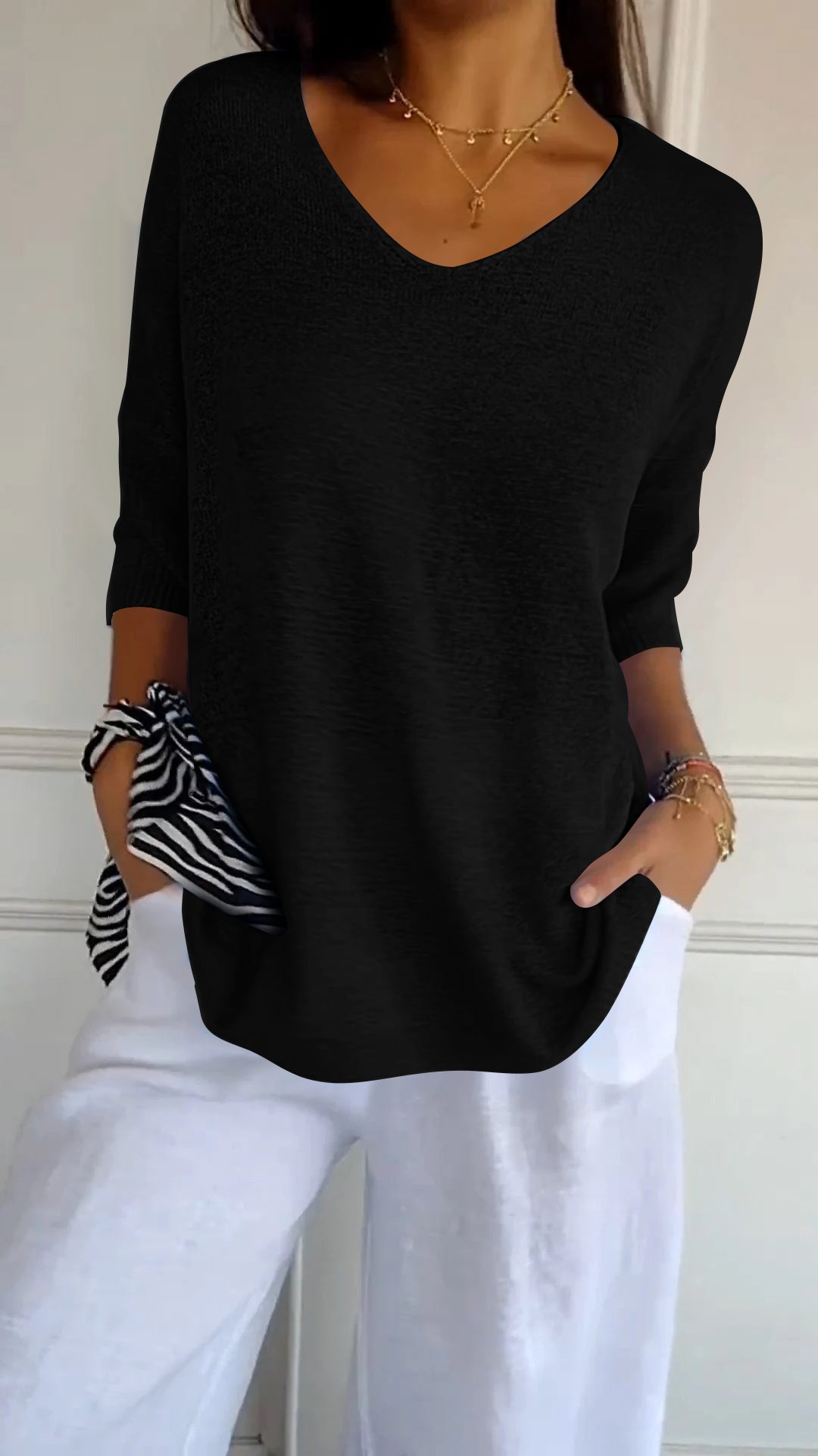 Top da donna in maglia con scollo a V, semplice e aderente