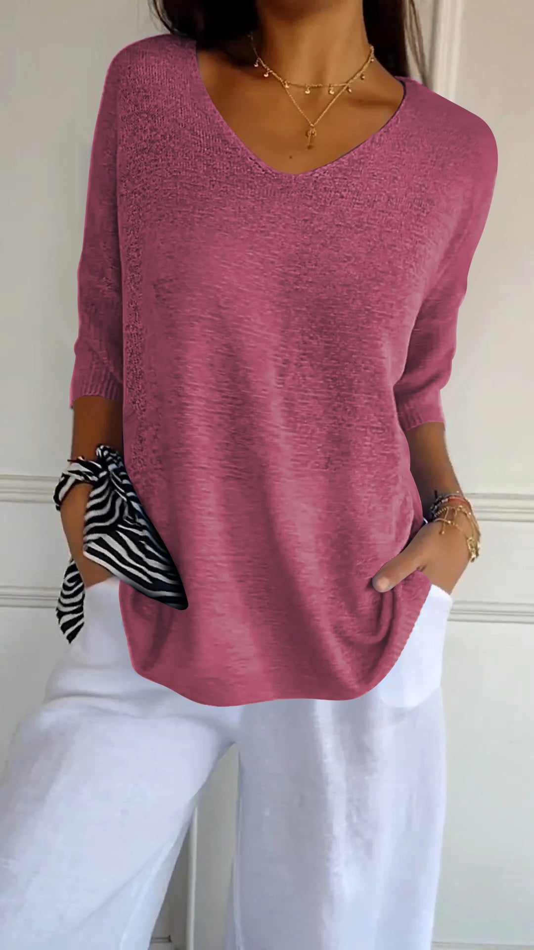Top da donna in maglia con scollo a V, semplice e aderente