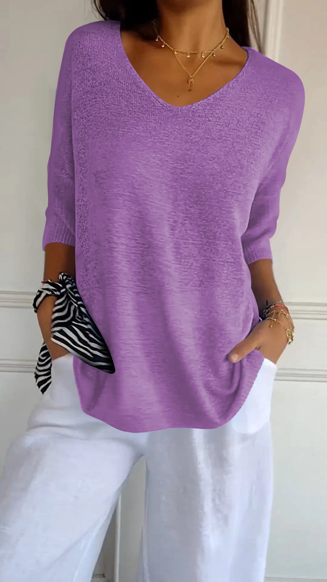 Top da donna in maglia con scollo a V, semplice e aderente