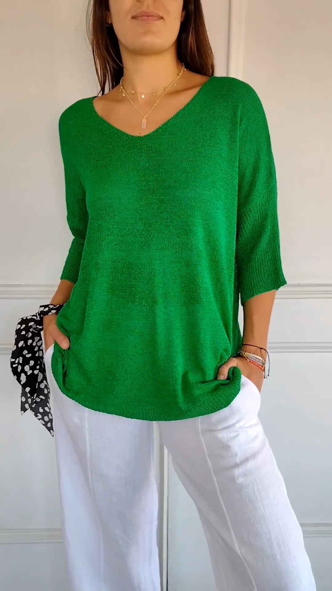 Top da donna in maglia con scollo a V, semplice e aderente