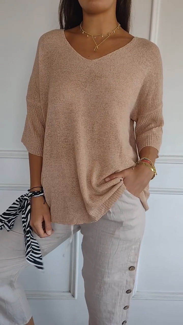 Top da donna in maglia con scollo a V, semplice e aderente