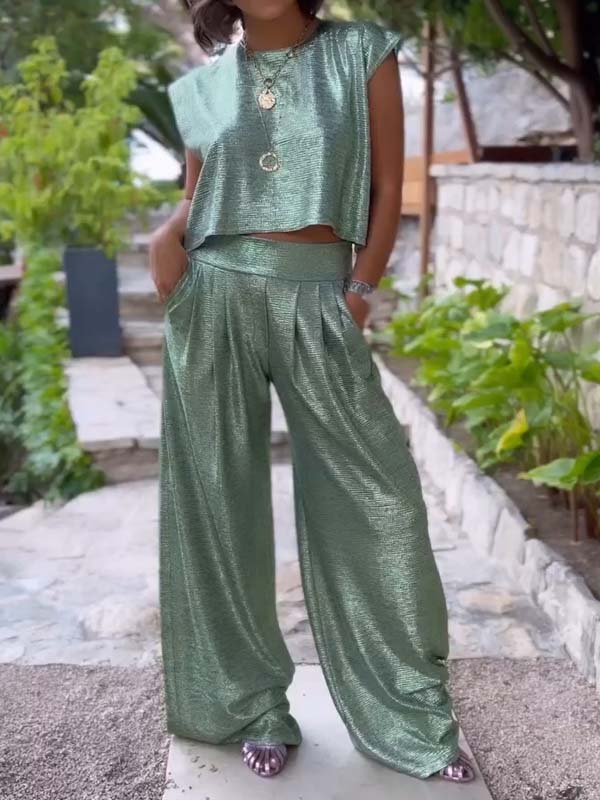 CLARA  CONJUNTO DE DOS PIEZAS DE JERSEY BRILLANTE Y PANTALÓN ANCHO PARA MUJER