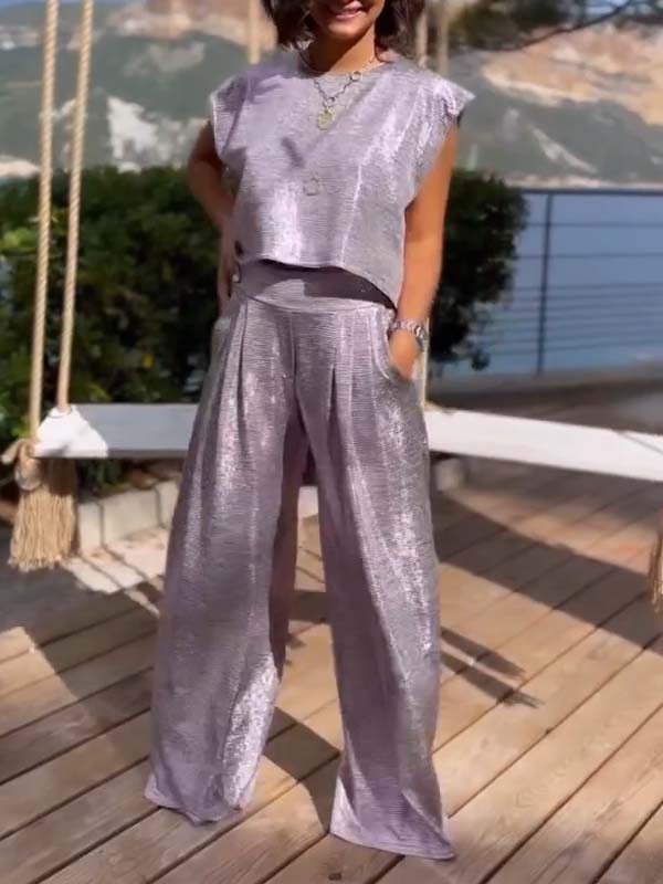 CLARA  CONJUNTO DE DOS PIEZAS DE JERSEY BRILLANTE Y PANTALÓN ANCHO PARA MUJER