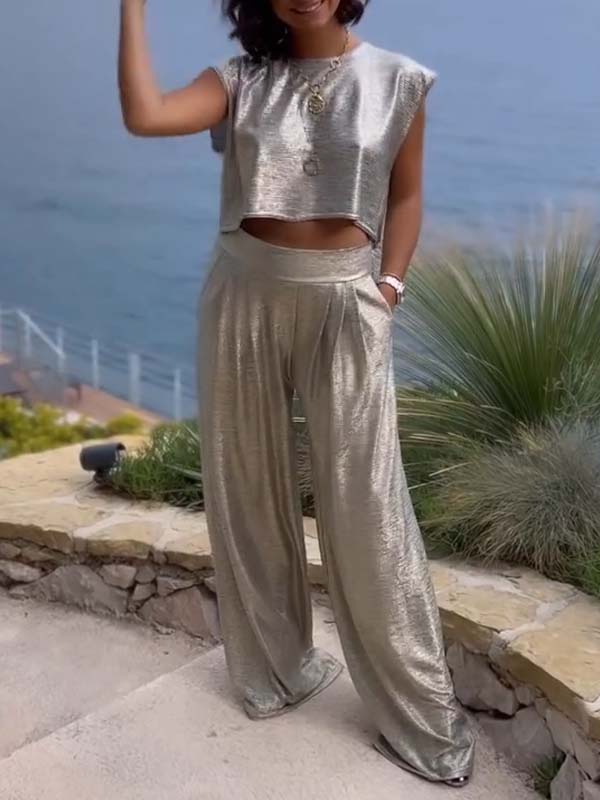 CLARA  CONJUNTO DE DOS PIEZAS DE JERSEY BRILLANTE Y PANTALÓN ANCHO PARA MUJER
