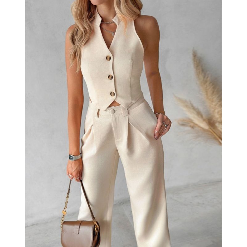 CONJUNTO ELEGANTE CON CHALECO CLÁSICO ABOTONADO Y PANTALONES ANCHOS