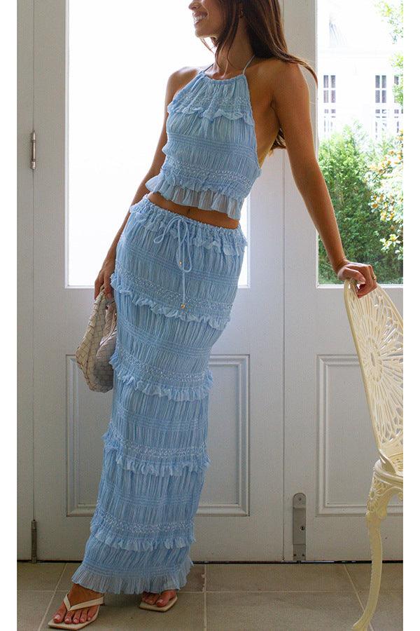 CONJUNTO DE DOS PIEZAS SIN MANGAS DE CHIFFON CON CINTURA ELÁSTICA