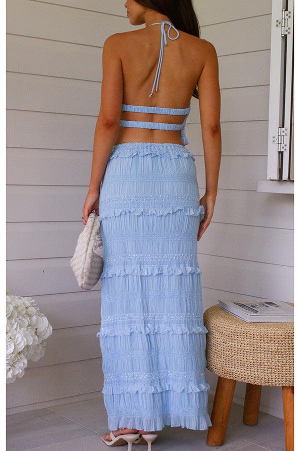 CONJUNTO DE DOS PIEZAS SIN MANGAS DE CHIFFON CON CINTURA ELÁSTICA