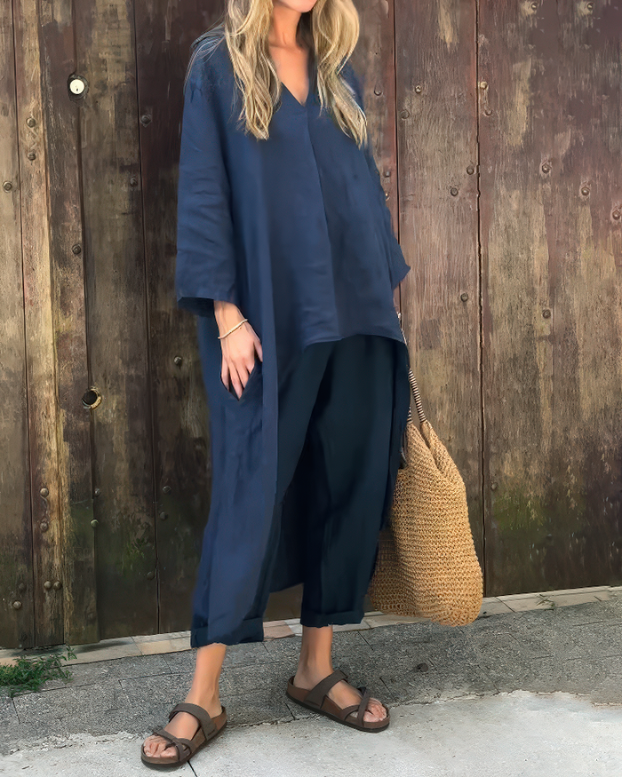CONJUNTO VERANIEGO ELEGANTE PARA MUJER CON CAMISA LARGA Y PANTALÓN