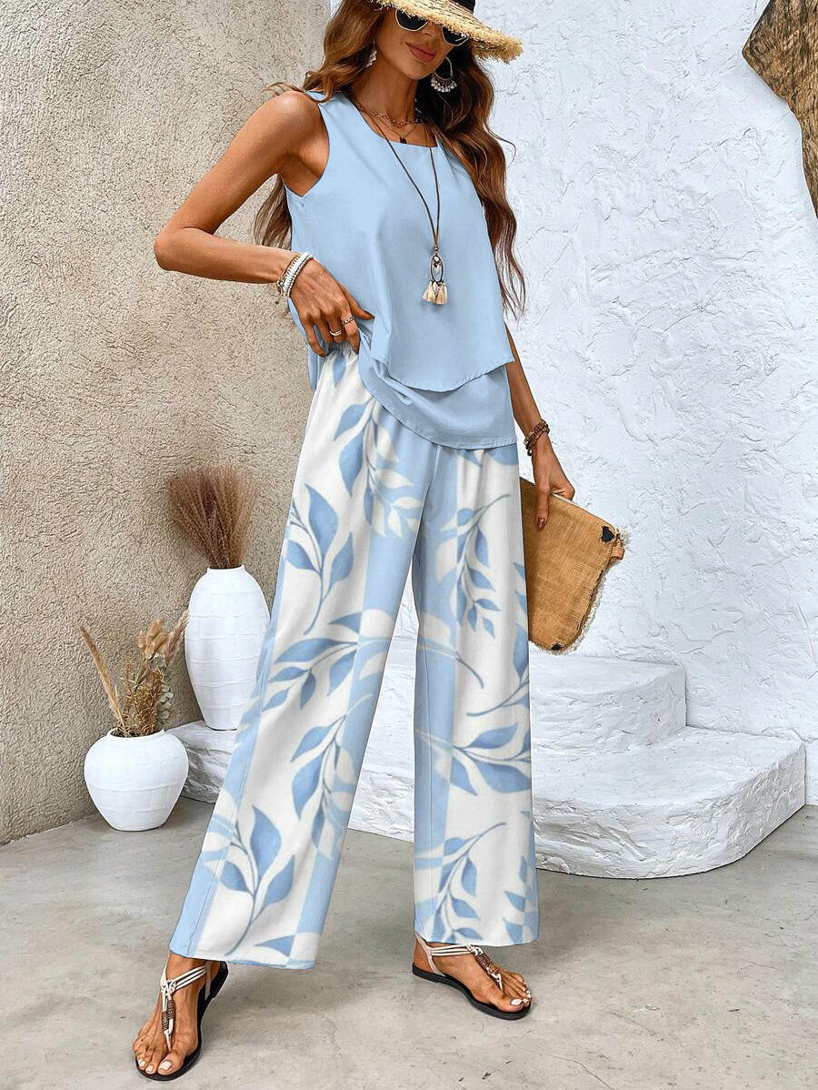 LÍA CONJUNTO ELEGANTE PARA MUJER CON BLUSA SIN MANGAS Y PANTALÓN ANCHO