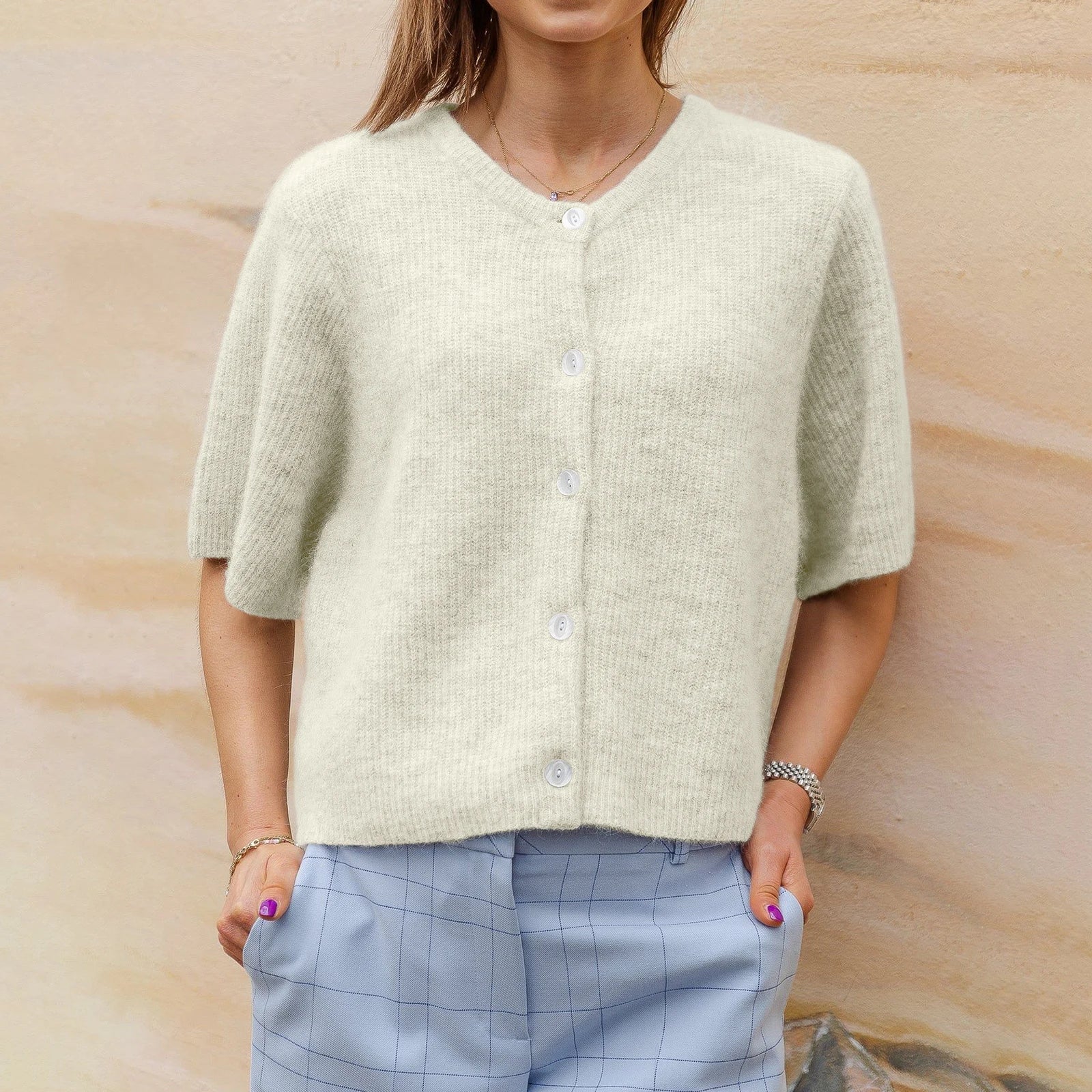 Cardigan donna a maniche corte con scollo rotondo | Ideale per tutte le stagioni