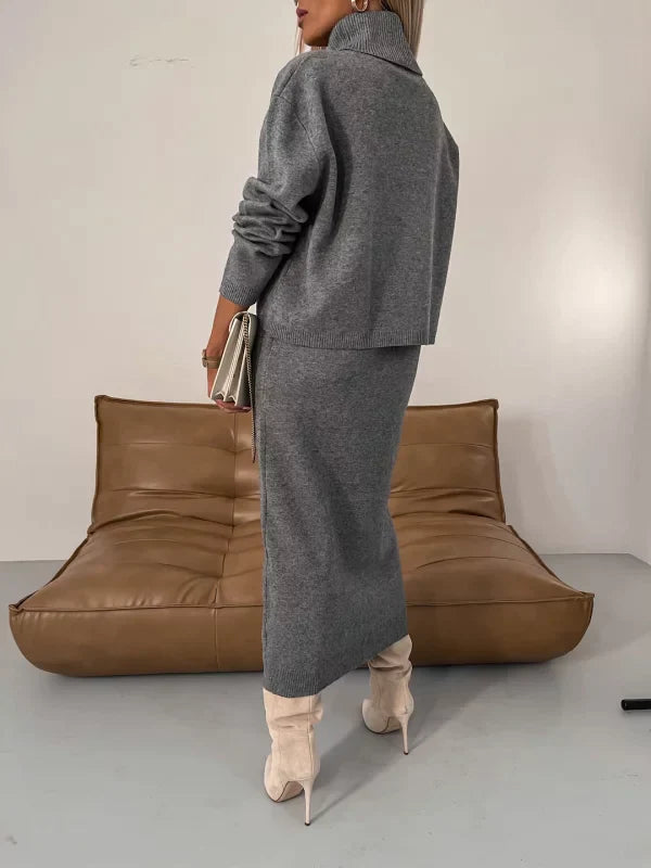 CONJUNTO MODERNO DE VESTIDO ELEGANTE Y SUÉTER DE CUELLO ALTO
