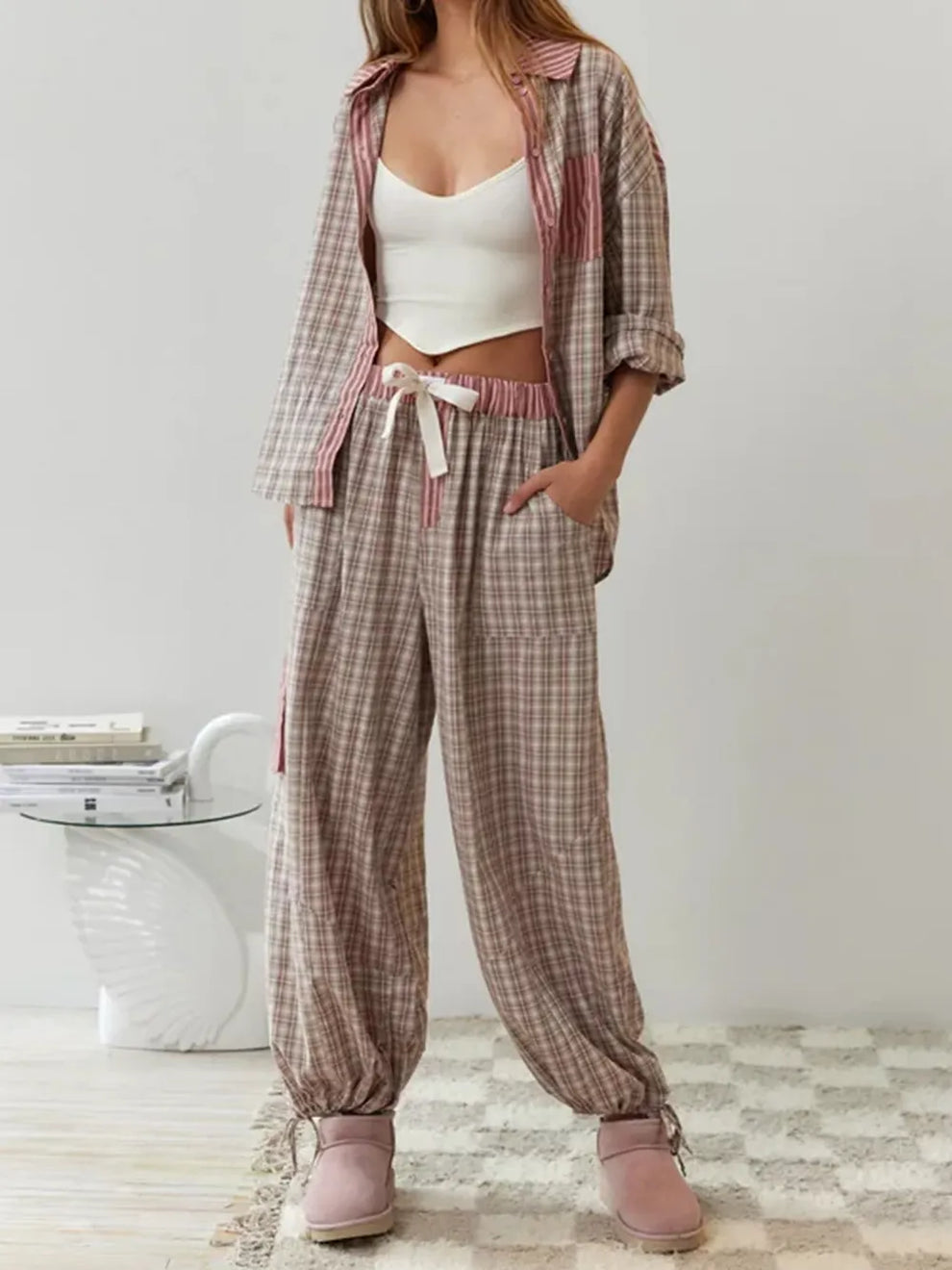 Conjunto de pijama para mujer de dos piezas con diseño a cuadros