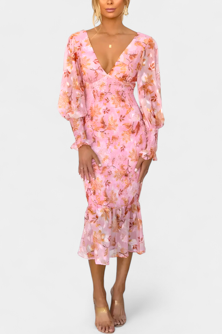 Carly Vestido Midi Floral con Cintura Fruncida y Mangas Vaporosas