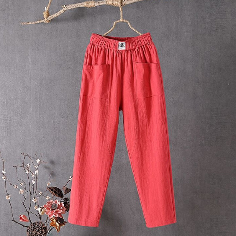 PANTALONES CASUALES HOLGADOS DE ALGODÓN EN COLOR SÓLIDO