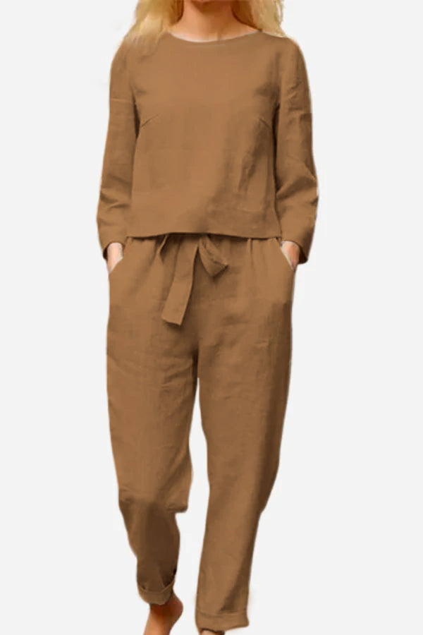 CONJUNTO RETRO DE DOS PIEZAS CON PANTALÓN Y BLUSA DE MANGA CORTA PARA MUJER