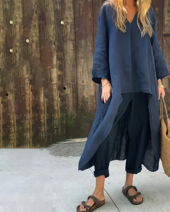 CONJUNTO VERANIEGO ELEGANTE PARA MUJER CON CAMISA LARGA Y PANTALÓN