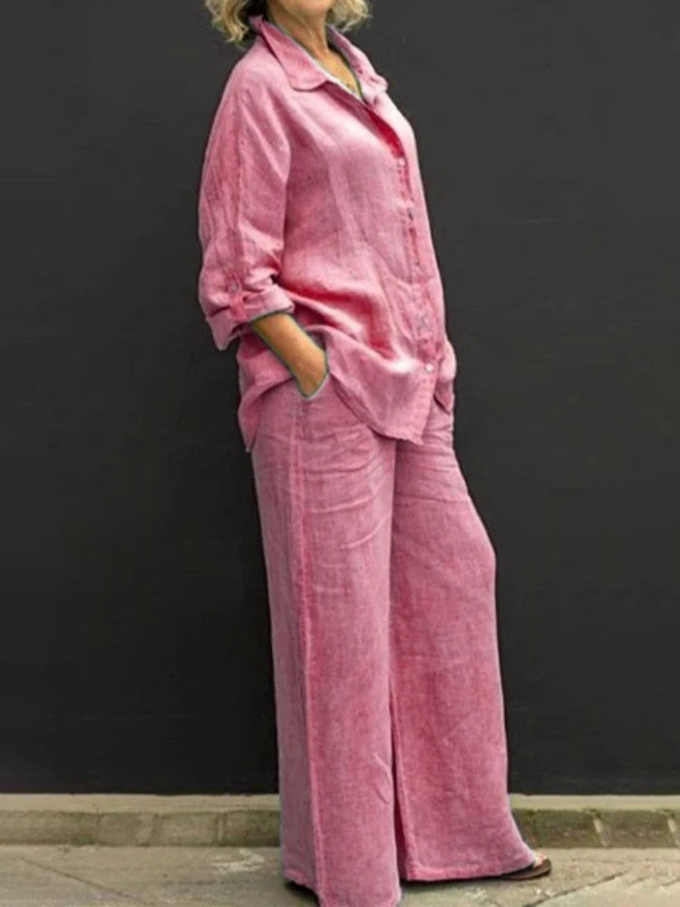CONJUNTO ELEGANTE DE DOS PIEZAS CON CAMISA DE CUELLO CLÁSICO Y PANTALONES ANCHOSpara mujer