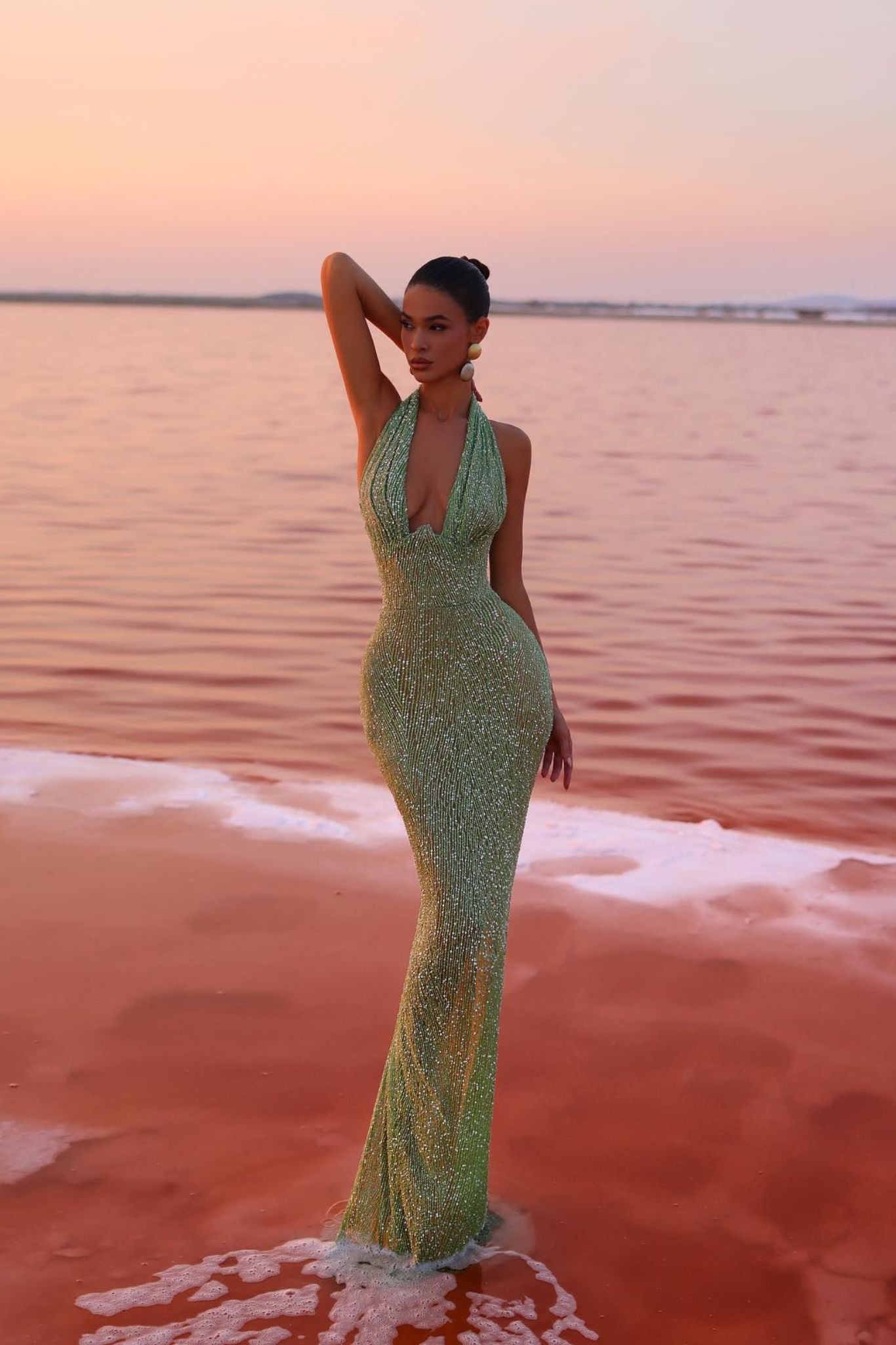 Saphina | Vestido Largo Verde Perla con Brillo de Lentejuelas