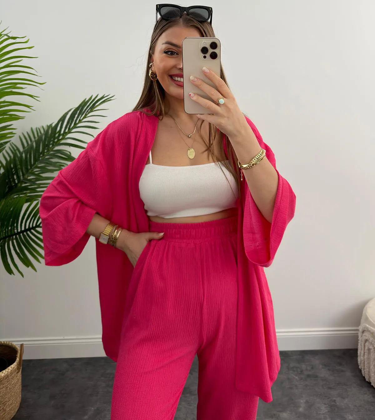LIA - CONJUNTO 2 PIEZAS MUJER OTOÑO TRAJE SÓLIDO MANGA LARGA TOP SUELTO ABIERTO DELANTERO Y PANTALÓN LARGO PIERNA ANCHA