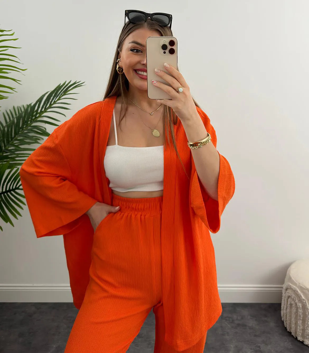 LIA - CONJUNTO 2 PIEZAS MUJER OTOÑO TRAJE SÓLIDO MANGA LARGA TOP SUELTO ABIERTO DELANTERO Y PANTALÓN LARGO PIERNA ANCHA