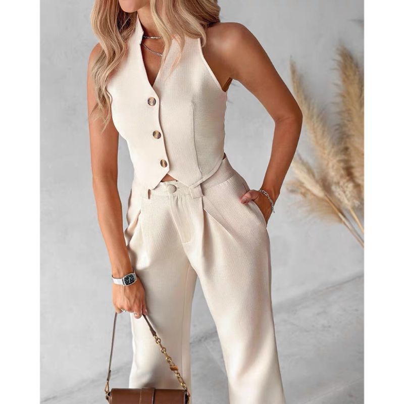 CONJUNTO ELEGANTE CON CHALECO CLÁSICO ABOTONADO Y PANTALONES ANCHOS