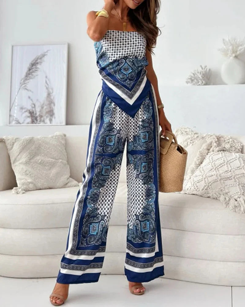 CONJUNTO MODERNO DE DOS PIEZAS CON TOP ESTAMPADO Y PANTALONES AJUSTABLES