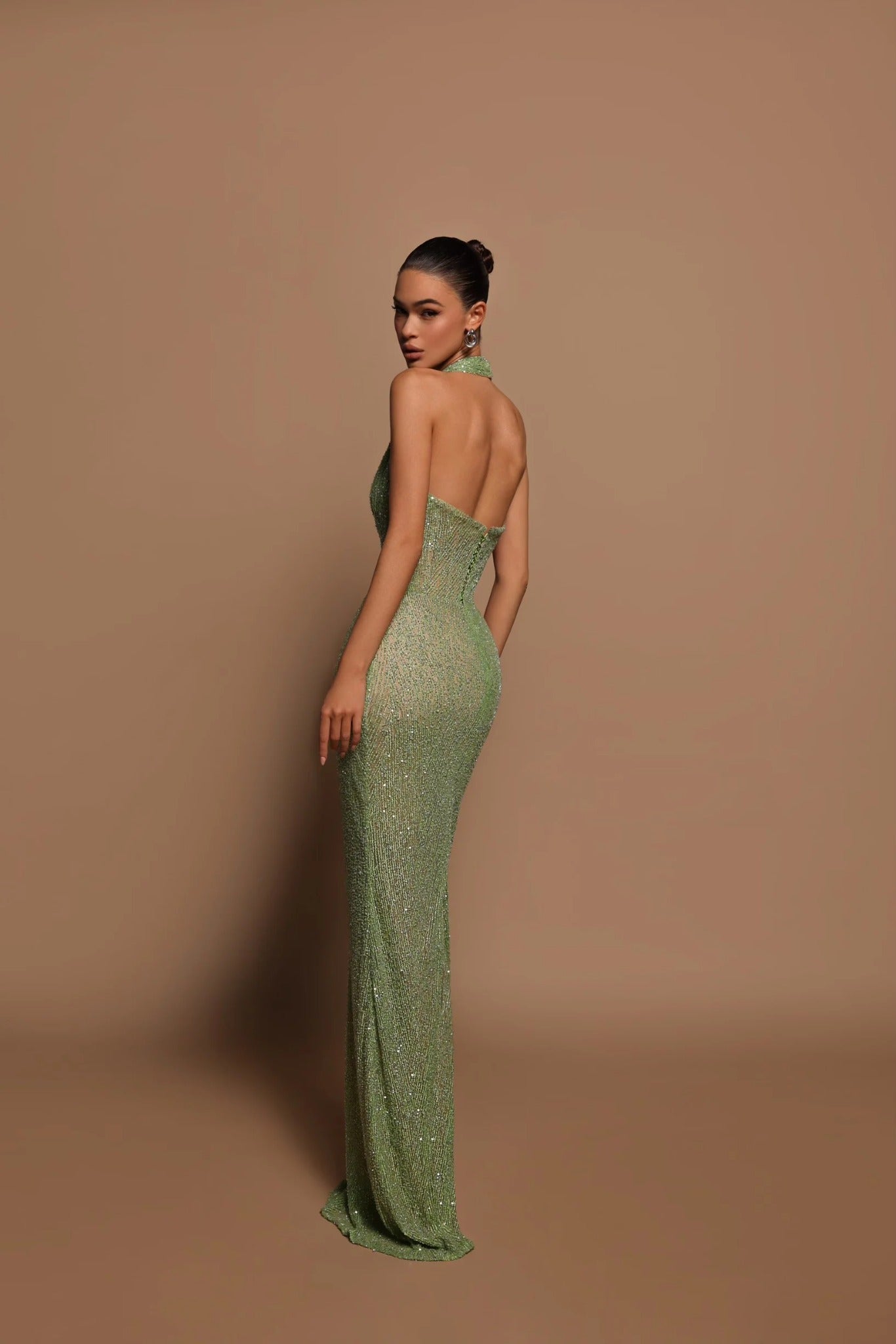 Saphina | Vestido Largo Verde Perla con Brillo de Lentejuelas