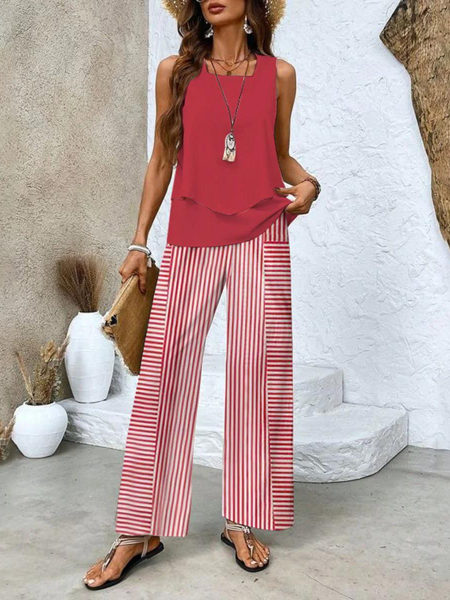 LÍA CONJUNTO ELEGANTE PARA MUJER CON BLUSA SIN MANGAS Y PANTALÓN ANCHO