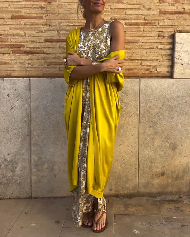 CONJUNTO ELEGANTE DE VESTIDO LARGO SIN MANGAS CON ABRIGO LIGERO A JUEGO