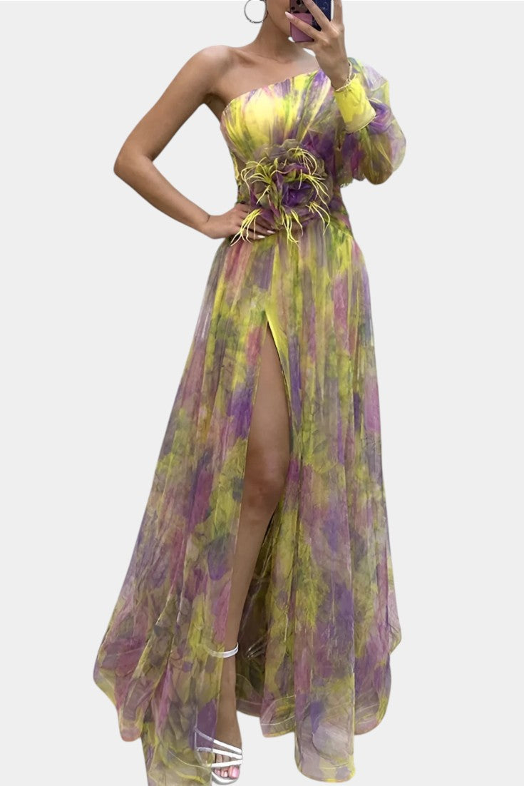 Amelie Vestido Maxi Asimétrico de Un Hombro con Estampado Artístico
