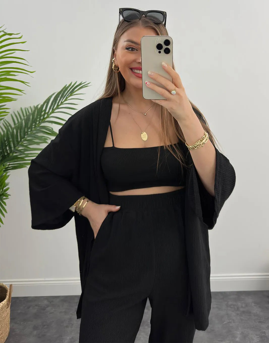 LIA - CONJUNTO 2 PIEZAS MUJER OTOÑO TRAJE SÓLIDO MANGA LARGA TOP SUELTO ABIERTO DELANTERO Y PANTALÓN LARGO PIERNA ANCHA