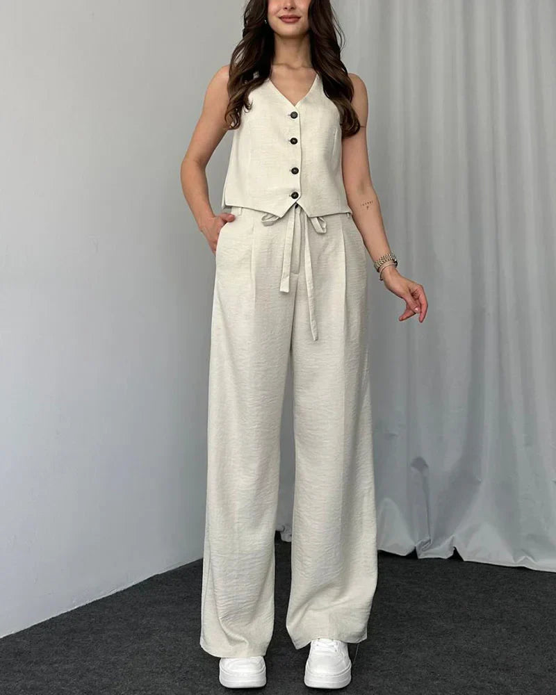 HELENA  CONJUNTO DE DOS PIEZAS DE CHALECO CASUAL DE COLOR LISO