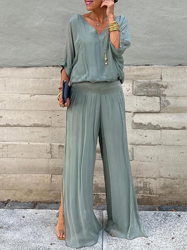 AURA ELEGANTE CONJUNTO DE DOS PIEZAS CON PANTALÓN ANCHO DE GASA