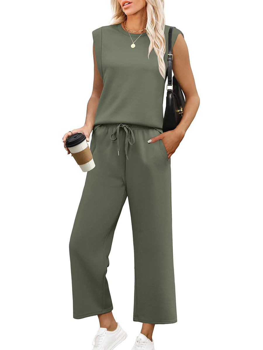 Conjunto de dos piezas con blusa casual de manga corta y pantalones anchos fluidos